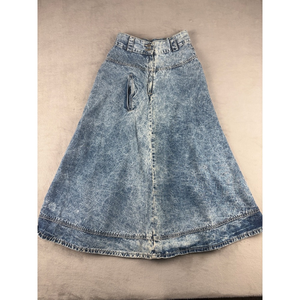 Gitano Express Vintage Acid Wash Denim Skirt Blue High Waist A-Line Midi Womens